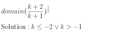 The domain of ((k+2)/(k+1))^{3/2} is k<=-2\lor k>-1